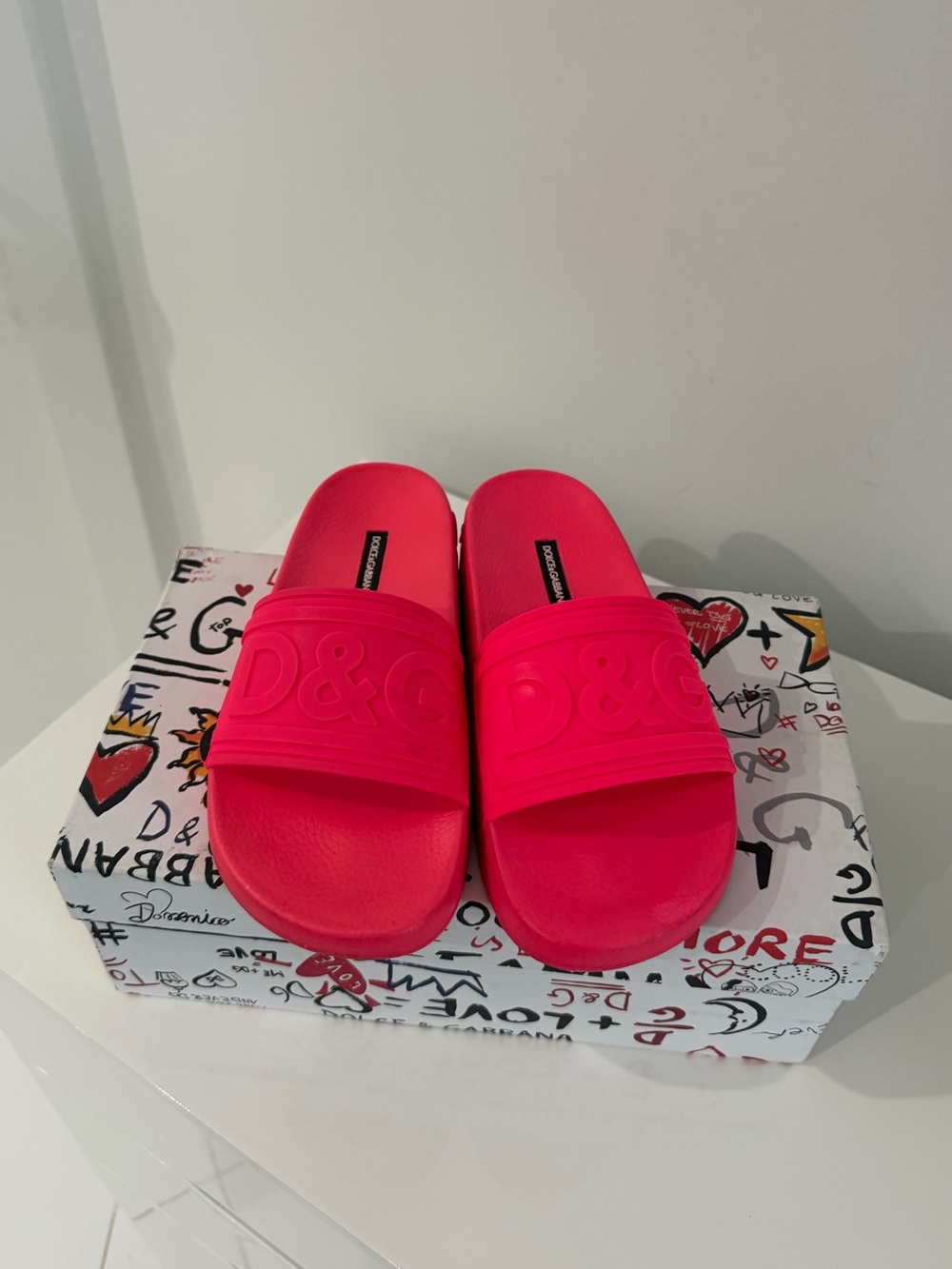 Dolce and Gabbana Pink Logo Slide Sandals